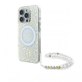 Originální zadní kryt GUESS IML Flowers Allover Electro with Pearl Strap Magsafe GUHMP16XHCPOFPH pro iPhone 16 Pro Max white