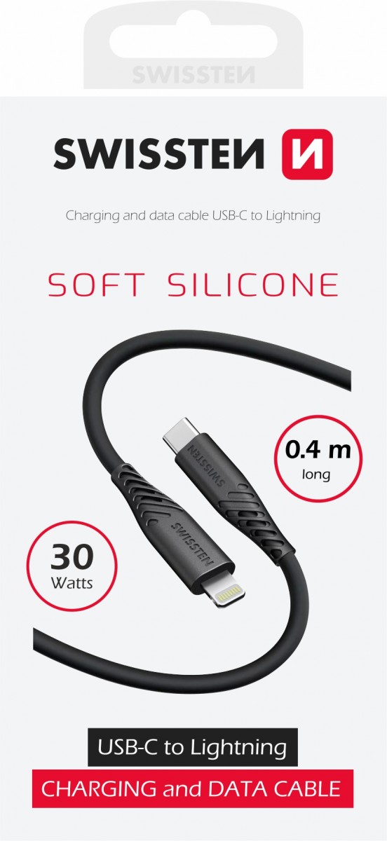 Levně Datový kabel Swissten Soft Silicone USB-C - Lightning 0,4 m černý