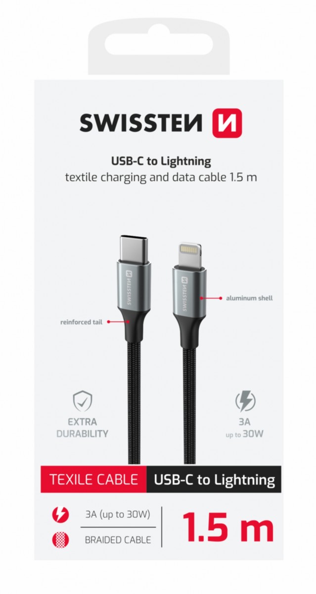 Levně Datový kabel Swissten Textile II USB-C - Lightning 1,5 m černý