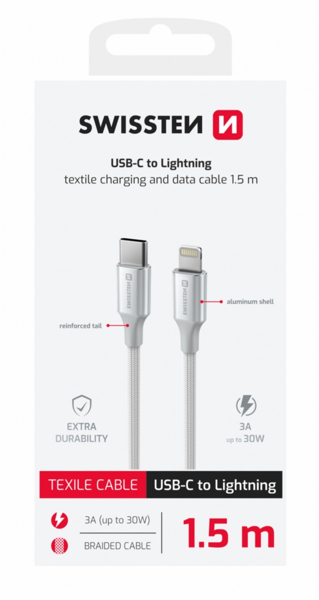 Levně Datový kabel Swissten Textile II USB-C - Lightning 1,5 m bílý