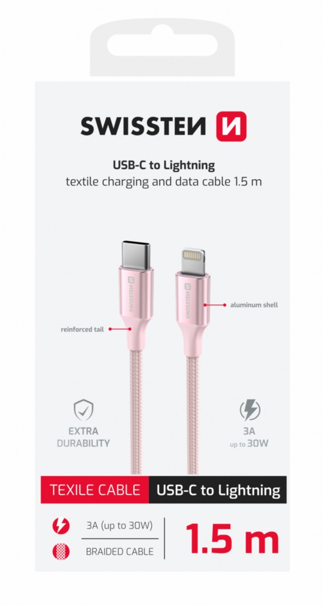 Levně Datový kabel Swissten Textile II USB-C - Lightning 1,5 m růžový