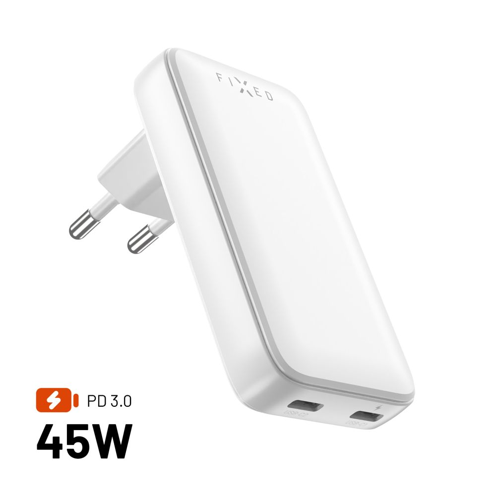 Levně Adaptér GaN FIXED Slim s 2x USB-C výstupem a podporou PD, 45W, bílý