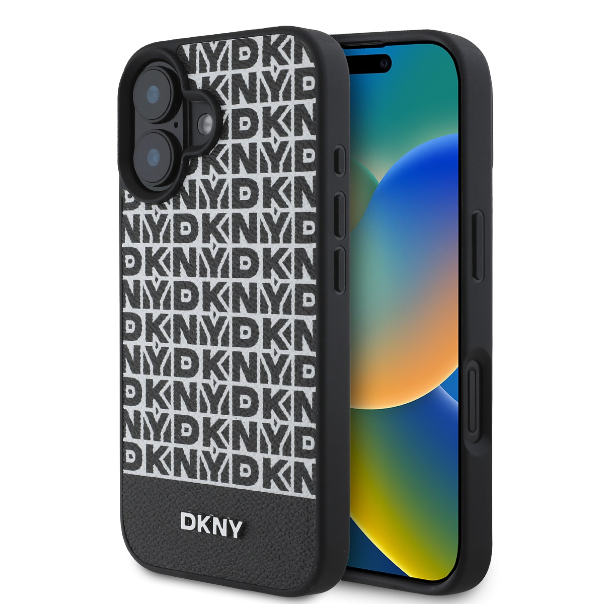 Levně Zadní kryt DKNY PU Leather Repeat Pattern Bottom Stripe MagSafe pro iPhone 16 Plus Black