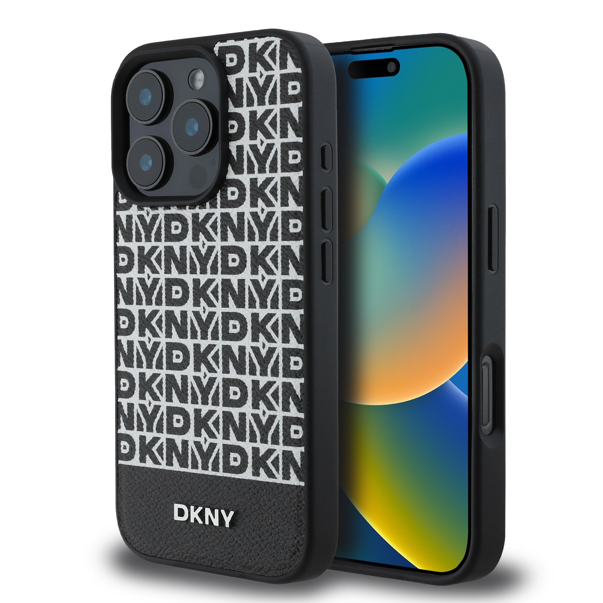 Levně Zadní kryt DKNY PU Leather Repeat Pattern Bottom Stripe MagSafe pro iPhone 16 Pro Black