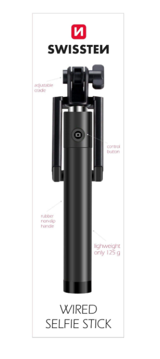 Selfie tyč Swissten s ovládáním na tyči černá