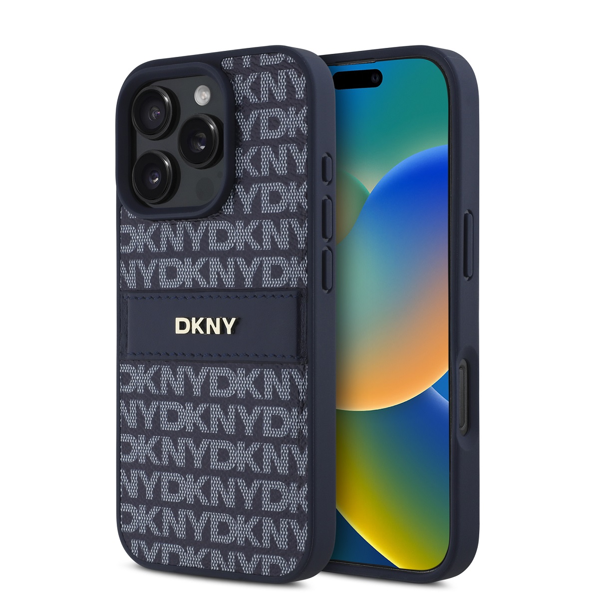 Levně Zadní kryt DKNY PU Leather Repeat Pattern Tonal Stripe pro iPhone 16 Pro Blue