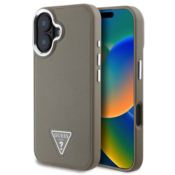 Levně Zadní kryt Guess PU Grained Triangle Logo pro iPhone 16 Brown