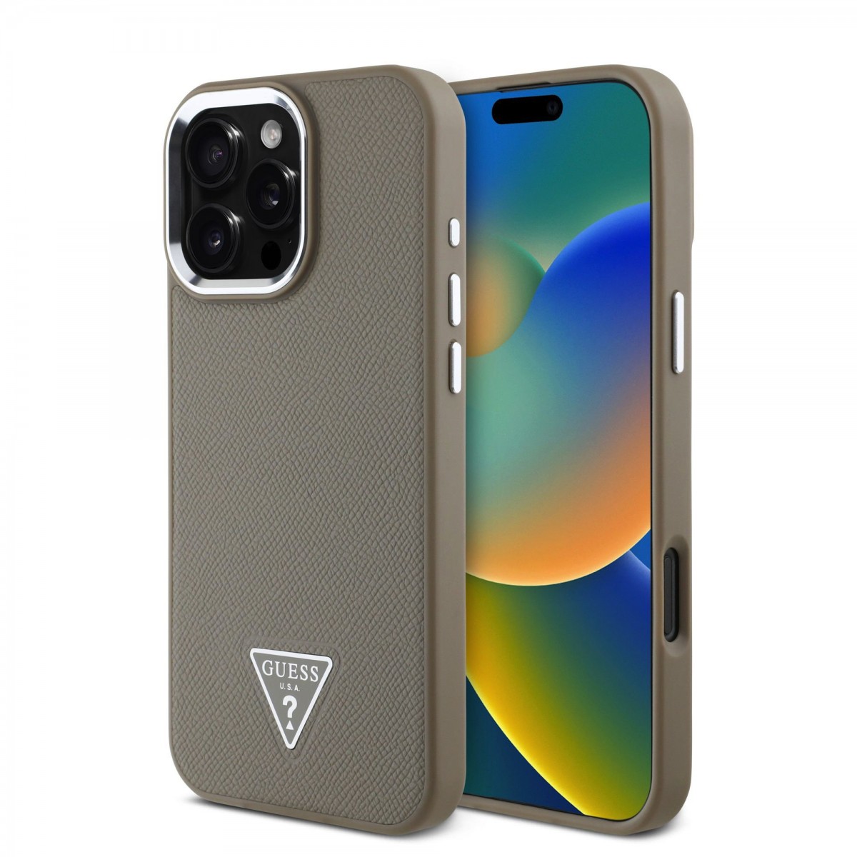 Levně Zadní kryt Guess PU Grained Triangle Logo pro iPhone 16 Pro Max Brown