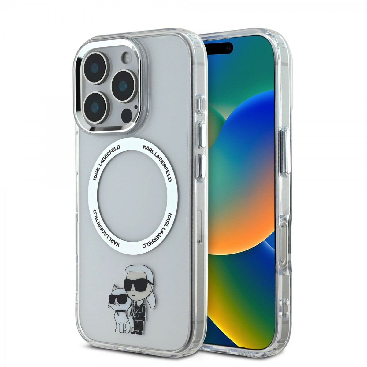 Levně Zadní kryt Karl Lagerfeld IML Karl and Choupette MagSafe pro iPhone 16 Pro Transparent