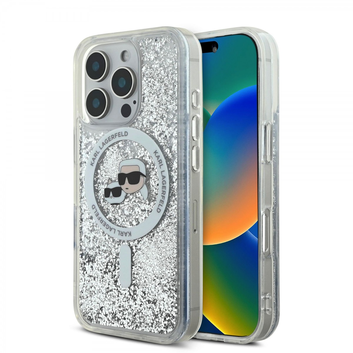 Levně Zadní kryt Karl Lagerfeld Liquid Glitter Karl and Choupette Heads MagSafe pro iPhone 16 Pro Max Transparent