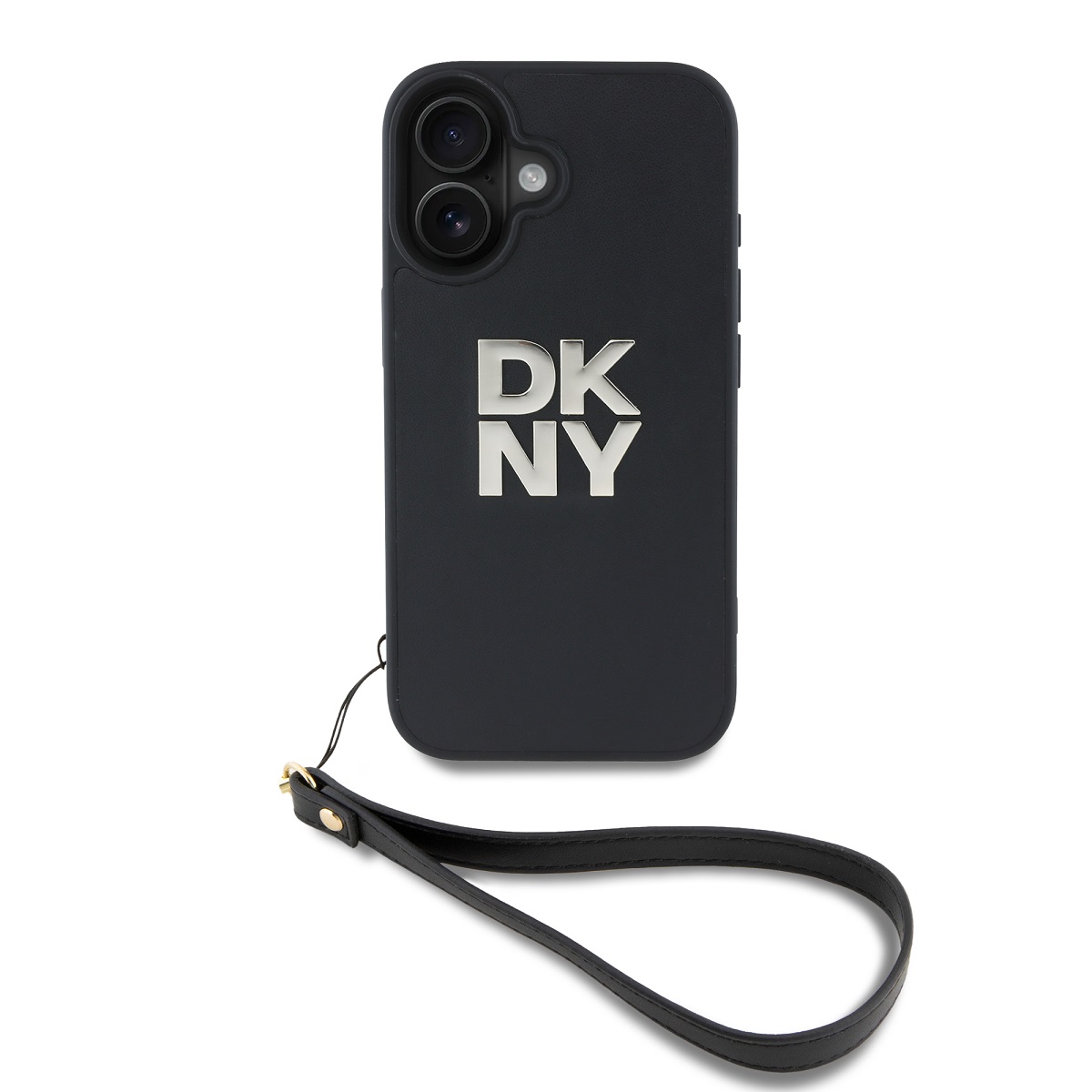 Levně Zadní kryt DKNY PU Leather Stack Logo Wrist Strap pro iPhone 16 Black