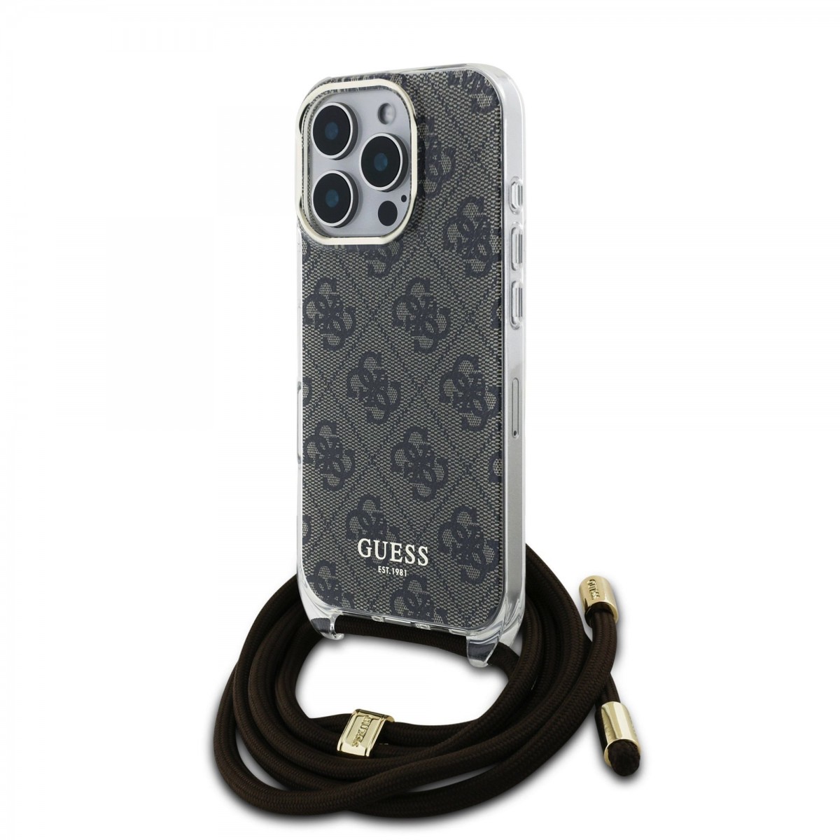 Levně Zadní kryt Guess IML 4G Printed Crossbody Popruh pro iPhone 16 Pro Brown