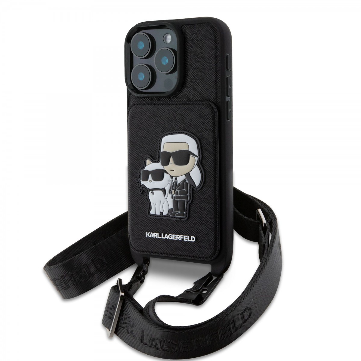 Levně Zadní kryt Karl Lagerfeld Saffiano Crossbody Popruh Karl and Choupette pro iPhone 16 Pro Black