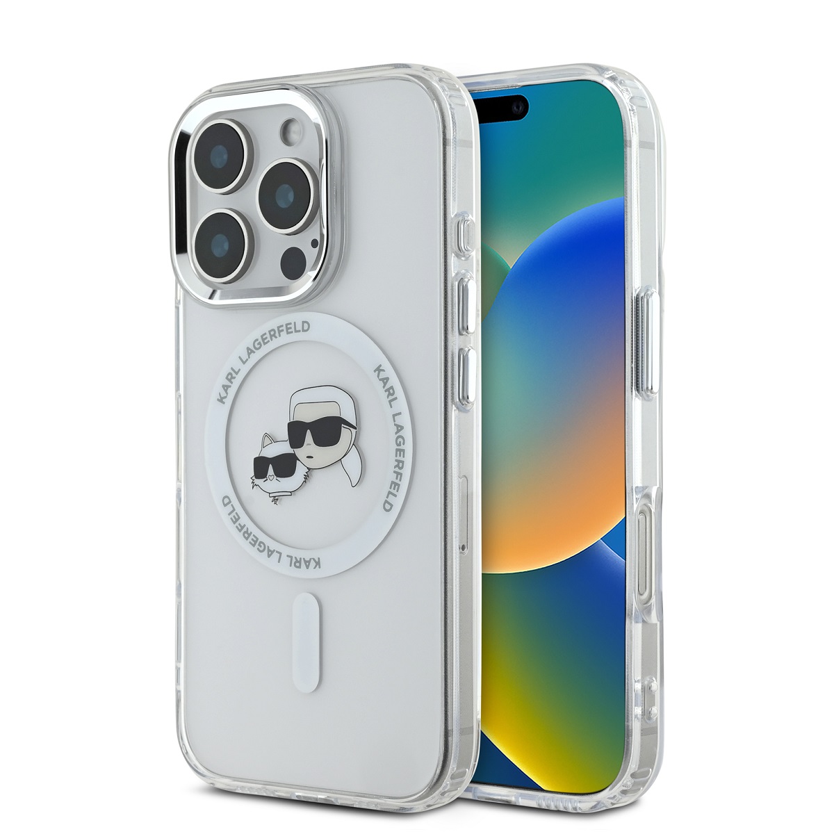 Levně Zadní kryt Karl Lagerfeld IML K&CH Heads Metal Frame MagSafe pro iPhone 16 Pro Max Transparent