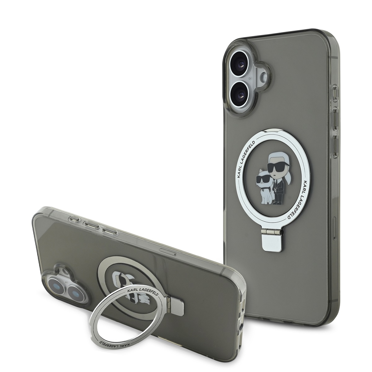 Levně Zadní kryt Karl Lagerfeld Ringstand Karl and Choupette MagSafe pro iPhone 16 Plus Black