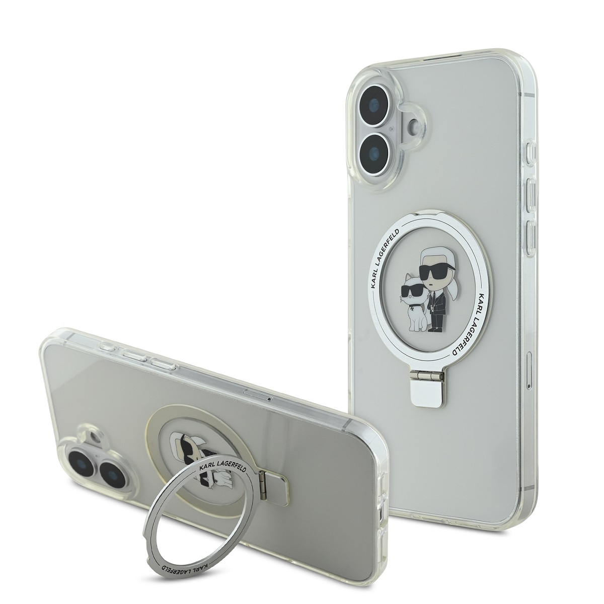 Levně Zadní kryt Karl Lagerfeld Ringstand Karl and Choupette MagSafe pro iPhone 16 Plus White