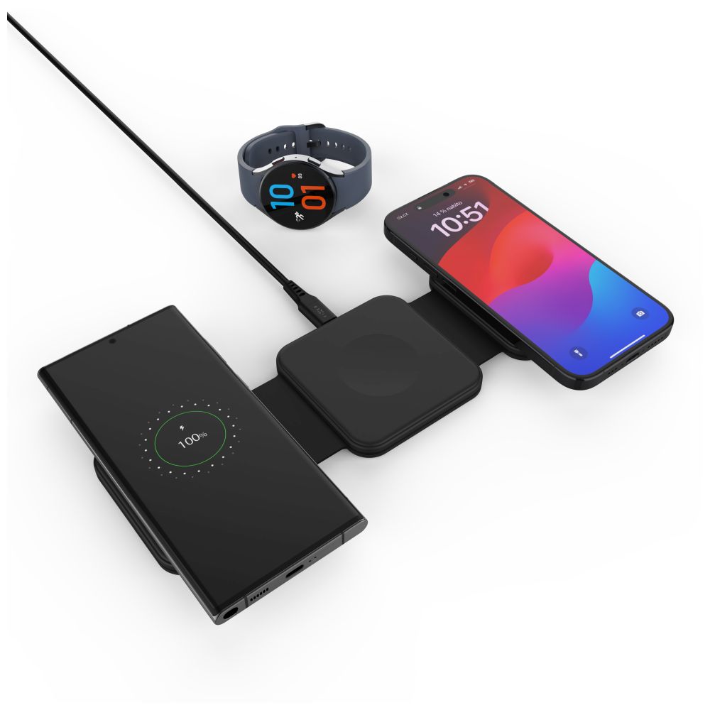 Levně Bezdrátová skládací nabíječka 3v1 FIXED Flex pro Samsung, 15W+3W+15W, černá