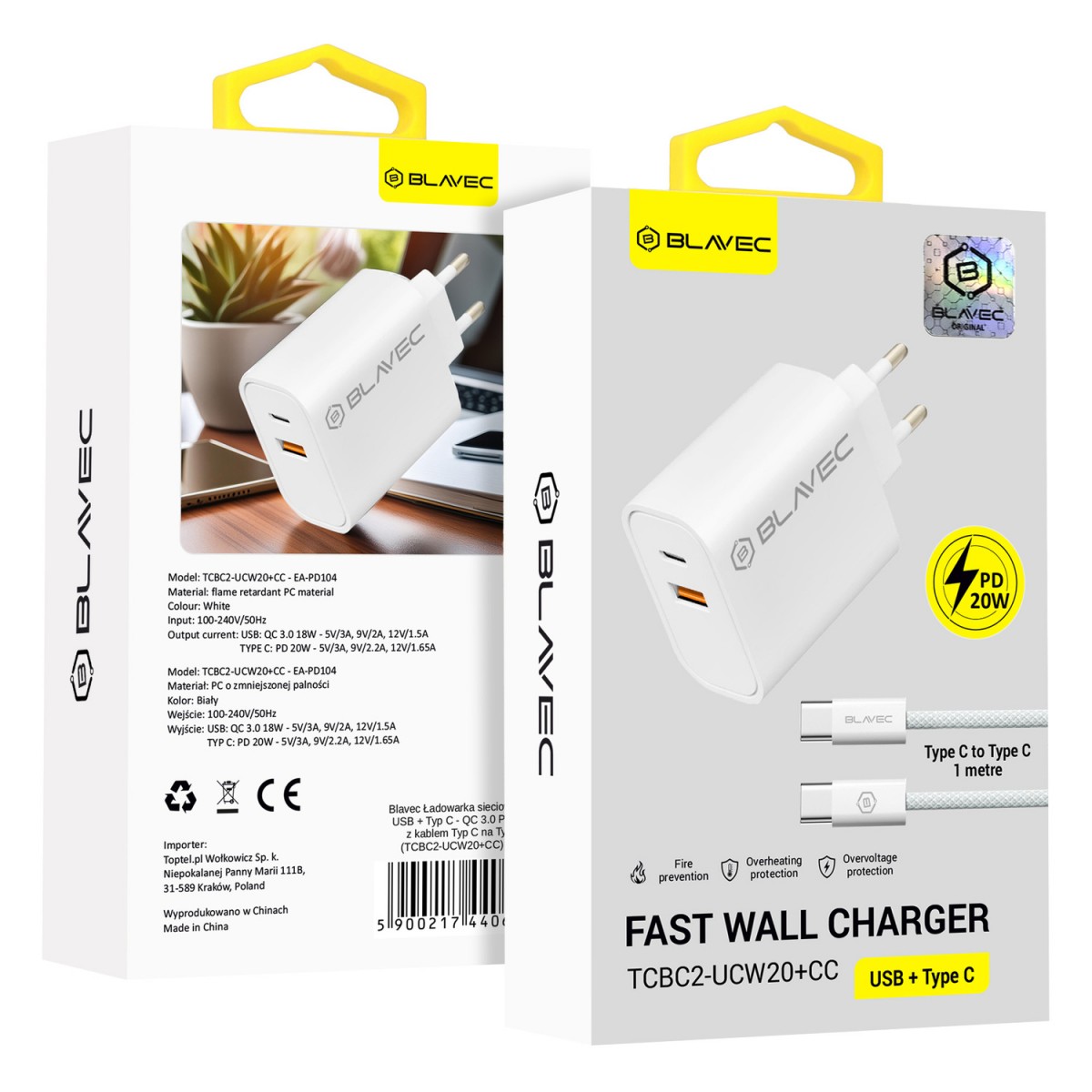 Levně Rychlonabíječka Blavec BC2 s USB-C datovým kabelem Dual 20W (TCBC2-UCW20+CC) bílá