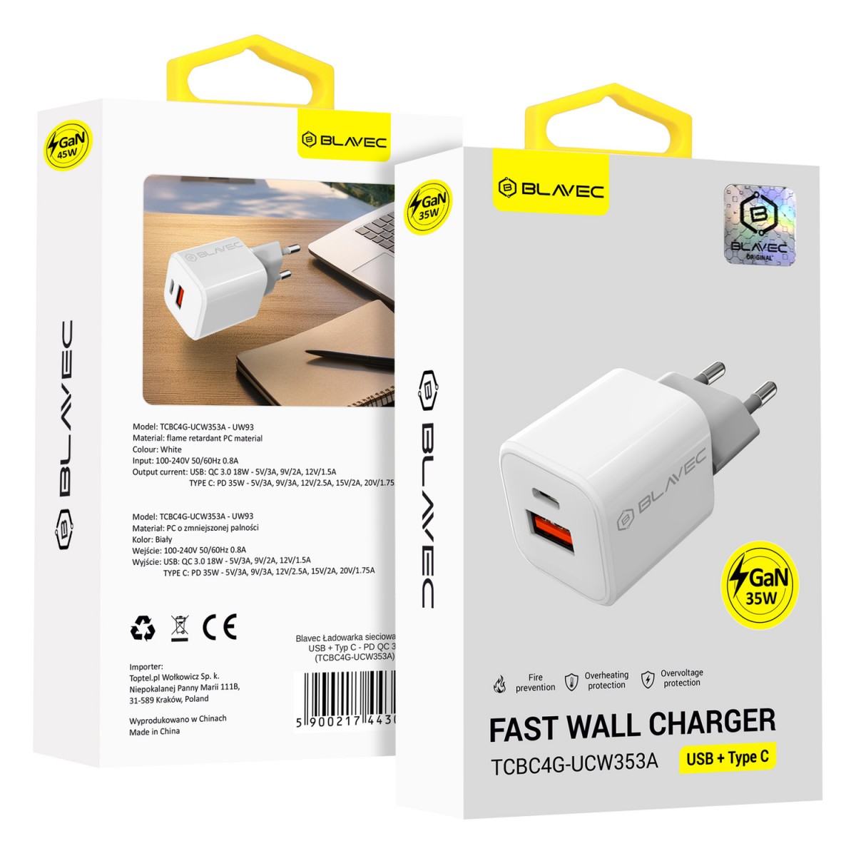 Levně Adaptér Blavec BC4 GaN s funkcí rychlonabíjení Dual 35W 3A (TCBC4G-UCW353A) bílý