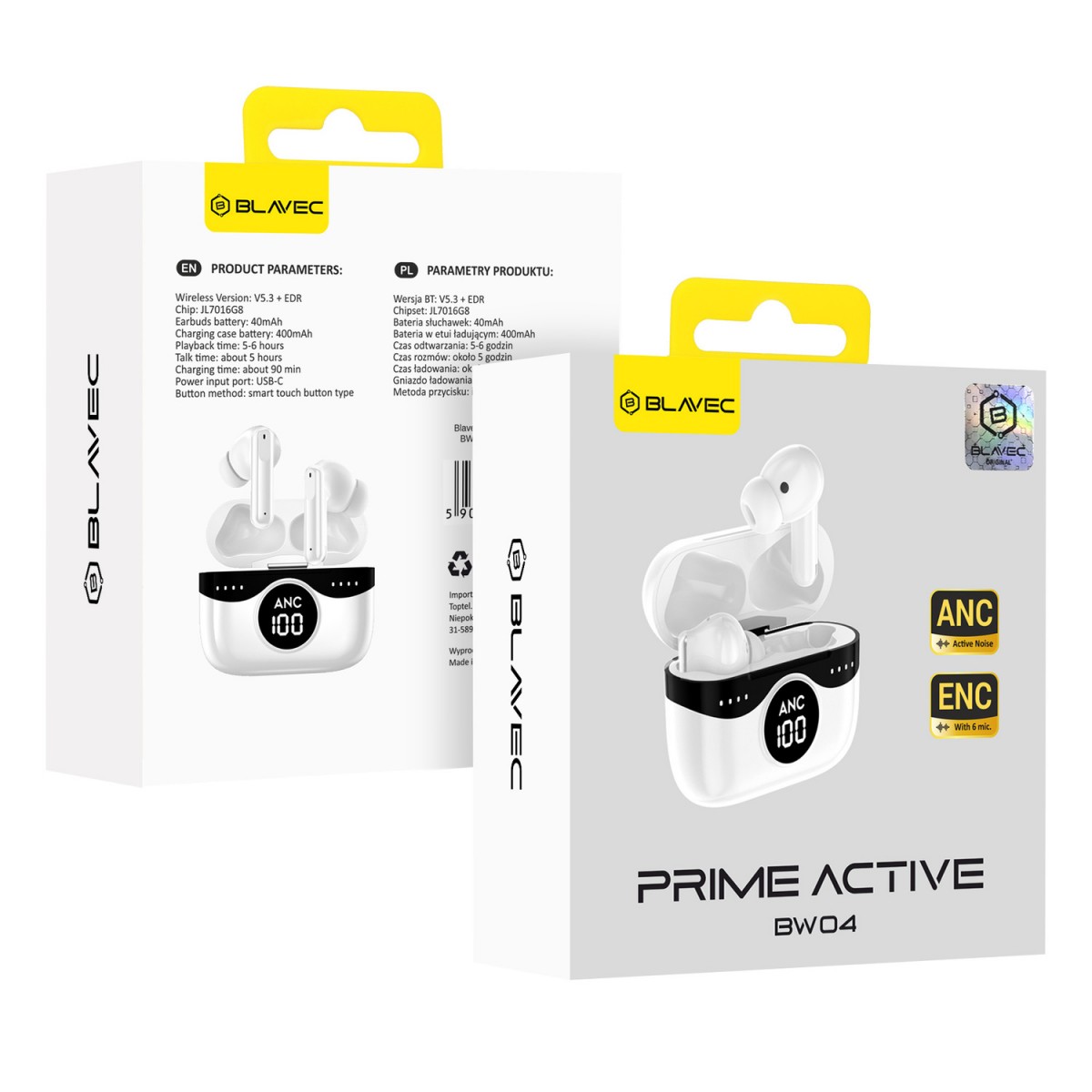 Levně Bezdrátová sluchátka Blavec TWS BW04 Prime Active ANC+ENC (BW04PA-W) bílá