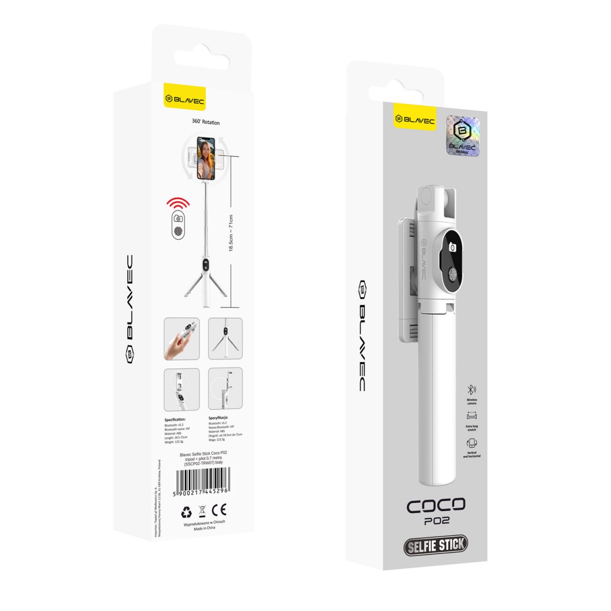 Levně Selfie tripod tyč Blavec Coco P02 Bluetooth 0,7 m (SSCP02-TRW07) bílá