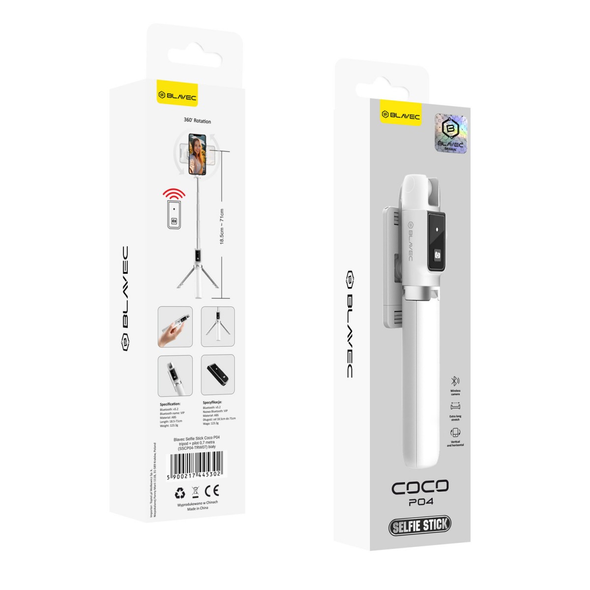 Levně Selfie tripod tyč Blavec Coco P04 Bluetooth 0,7 m (SSCP04-TRW07) bílá