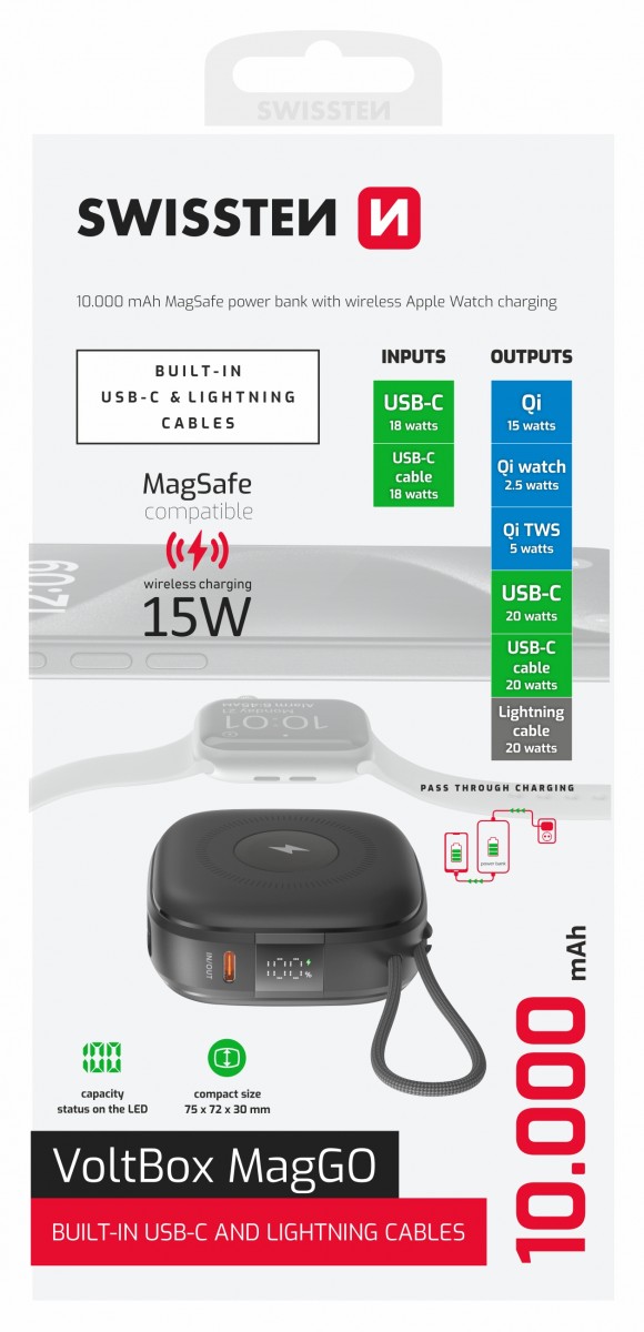 Levně Powerbank Swissten Voltbox Maggo 10000 mAh s integrovanými kabely + MagSafe + Apple Watch