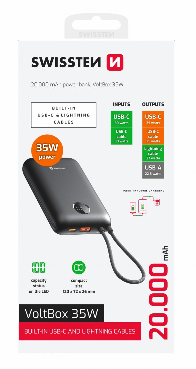 Levně Powerbank Swissten Voltbox 20000 mAh s integrovanými kabely USB-C a Lightning 35W černá
