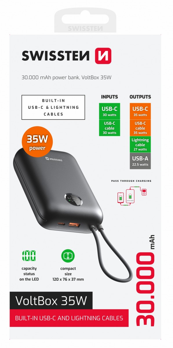 Levně Powerbank Swissten Voltbox 30000 mAh s integrovanými kabely USB-C a Lightning 35W černá