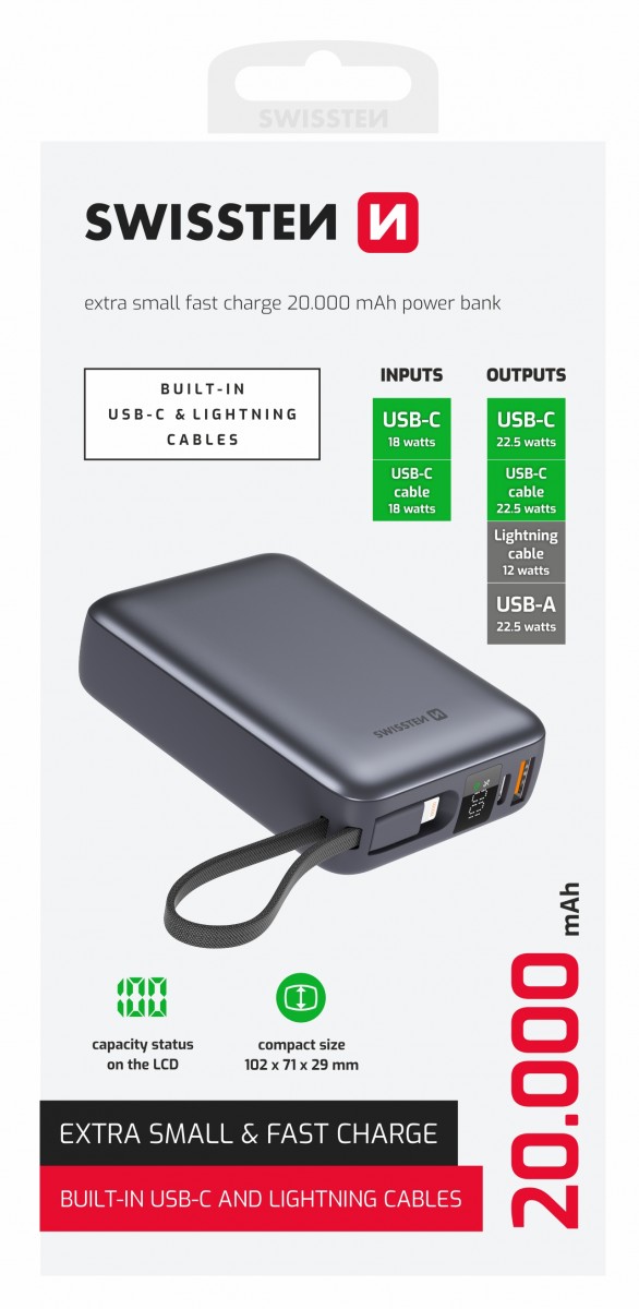 Levně Powerbank Swissten 20000 mAh s integrovanými kabely USB-C a Lightning vesmírně stříbrná
