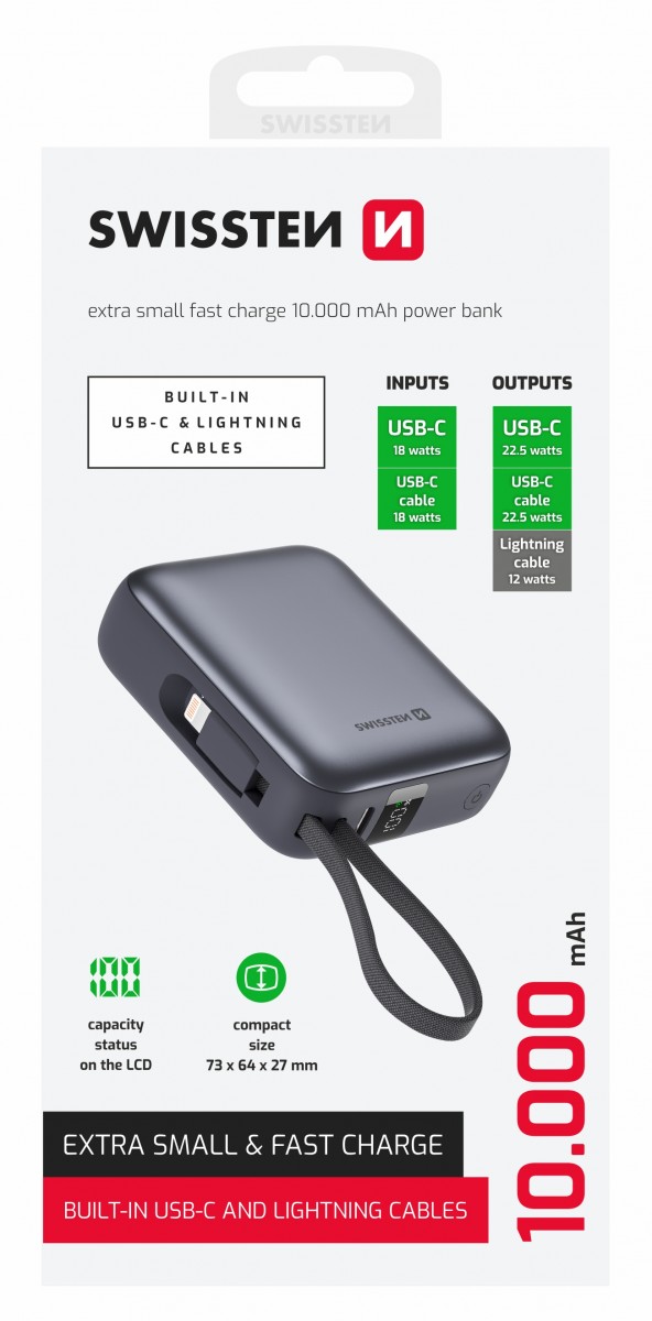 Levně Powerbank Swissten 10000 mAh s integrovanými kabely USB-C a Lightning vesmírně stříbrná