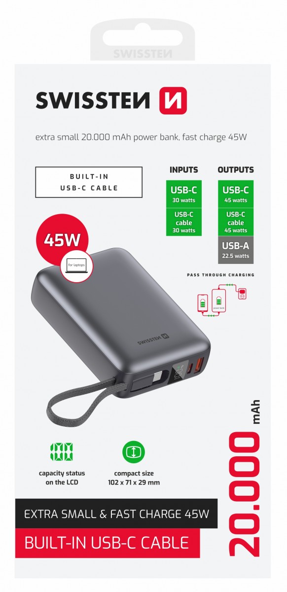 Levně Powerbank Swissten 20000 mAh 45W s integrovaným kabelem USB-C vesmírně stříbrná