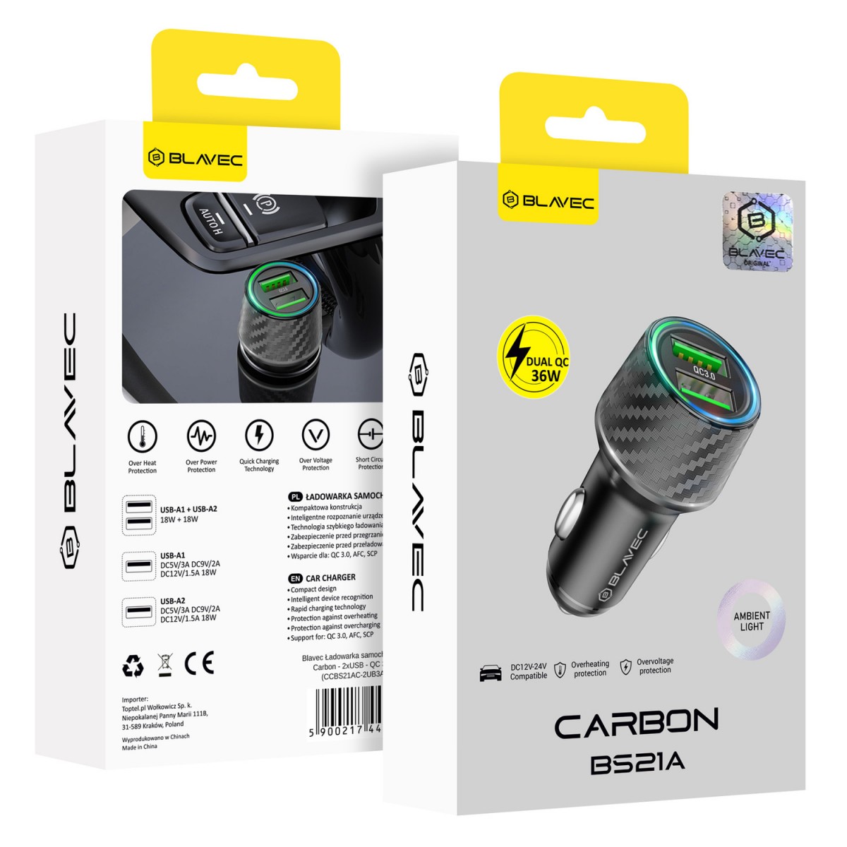 Levně Adaptér do auta Blavec BS21A Carbon s funkcí rychlonabíjení (CCBS21AC-2UB3A) Dual 36W černý