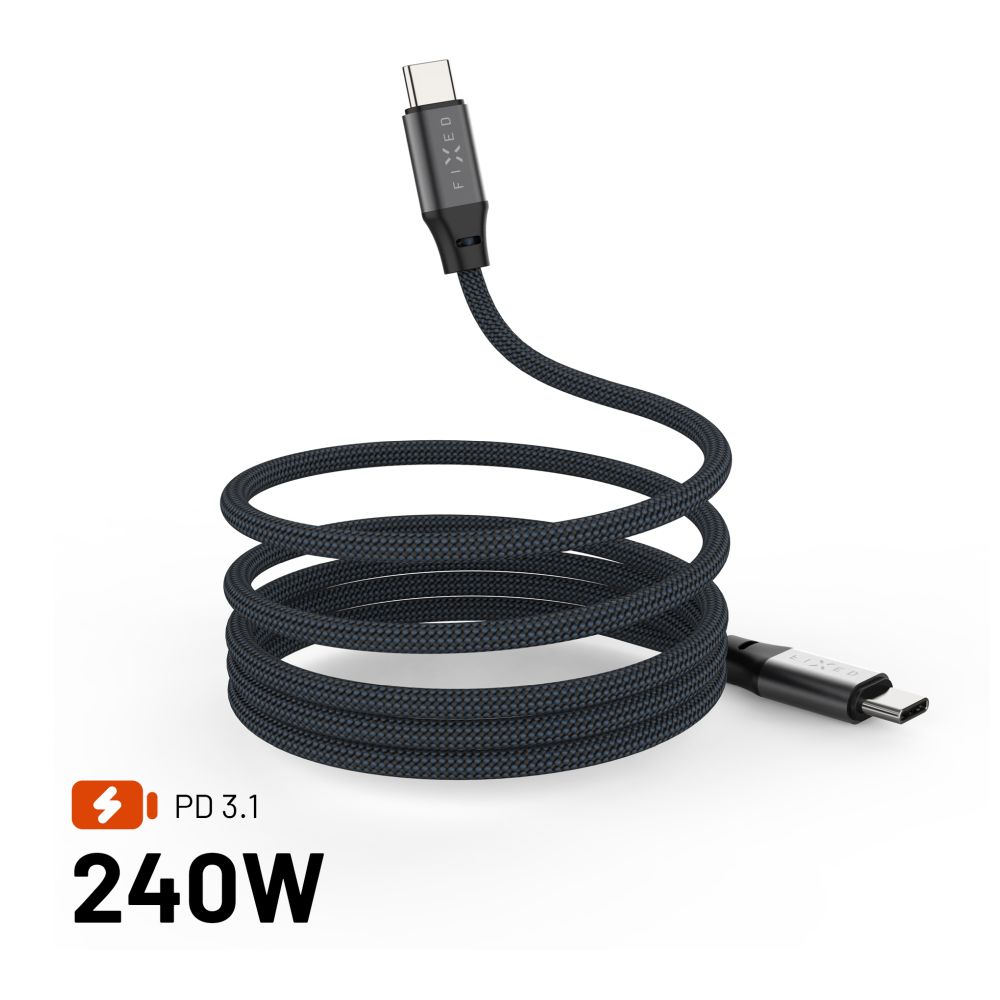 Levně Magnetický nabíjecí a datový opletený kabel FIXED s konektory USB-C-USB-C a podporou PD, 1.2m, USB 2.0, 240W, šedý