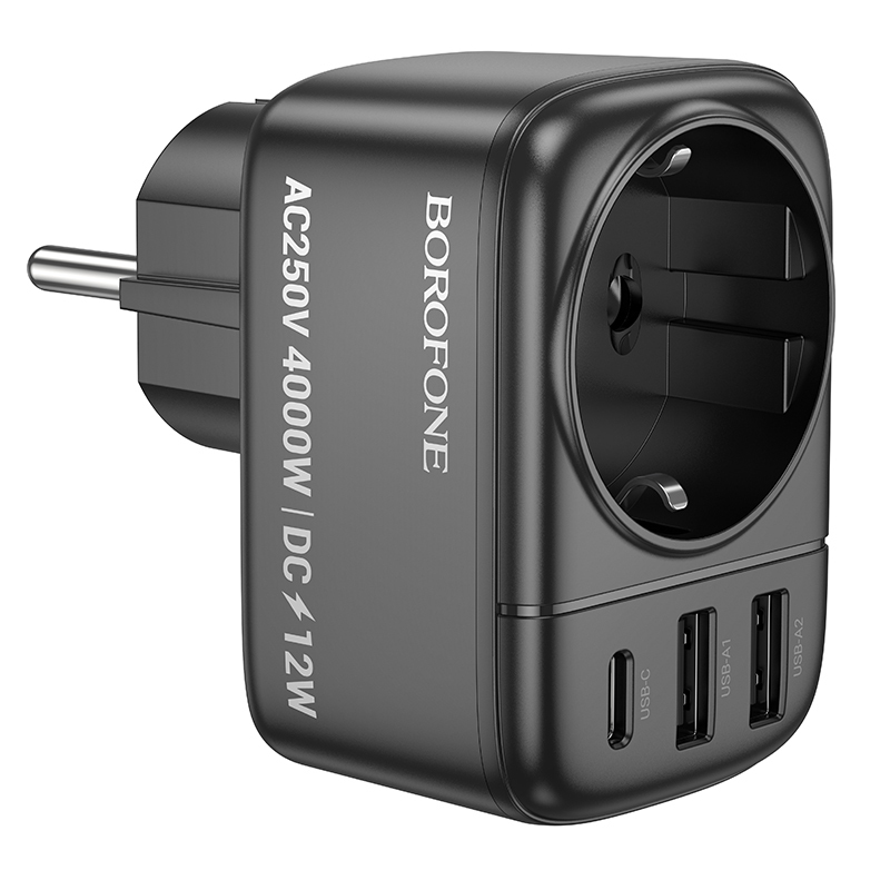 Levně Adaptér Borofone BAC14 Wide 2xUSB + USB-C + zásuvka 12W černý