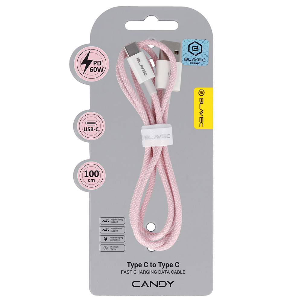 Levně Datový kabel Blavec Candy Braided USB-A - USB-C PD 60W 3A 1m (CCA-UC3P10) růžový