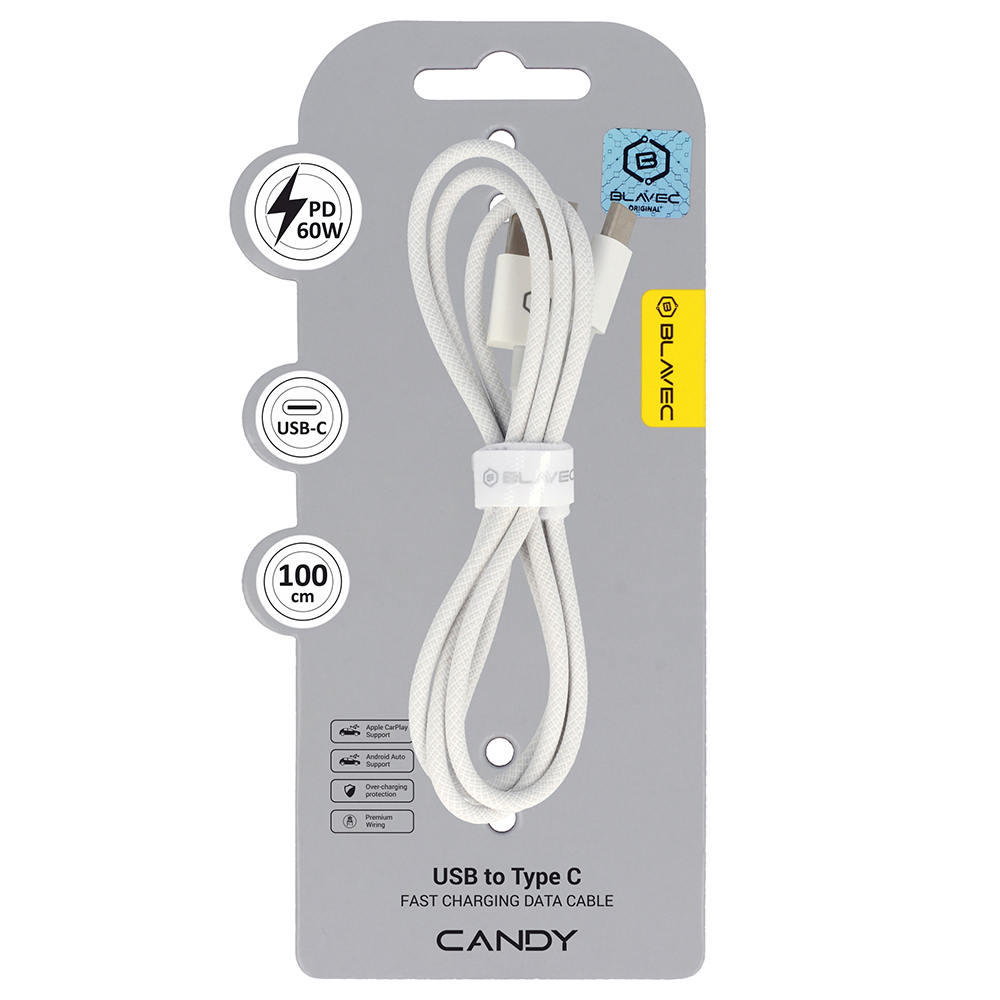 Levně Datový kabel Blavec Candy Braided USB-A - USB-C PD 60W 3A 1m (CCA-UC3W10) bílý