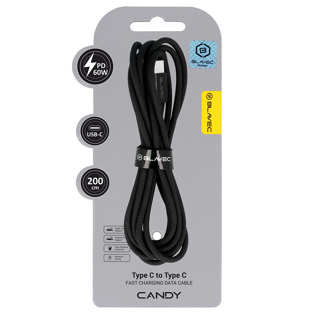 Levně Datový kabel Blavec Candy Braided USB-C - USB-C PD 60W 3A 2m (CCA-CC3B20) černý