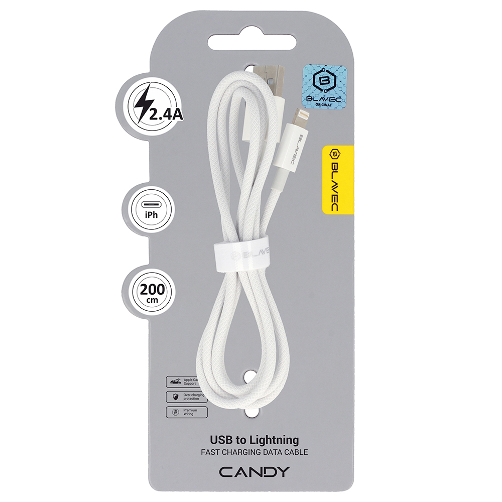 Levně Datový kabel Blavec Candy Braided USB-A - Lightning 2,4A 2m (CCA-UL24W20) bílý