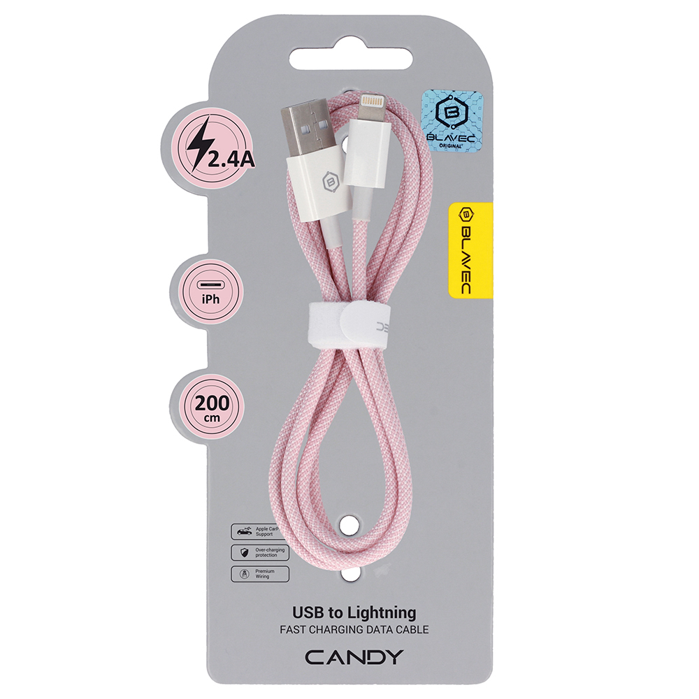 Levně Datový kabel Blavec Candy Braided USB-A - Lightning 2,4A 2m (CCA-UL24P20) růžový