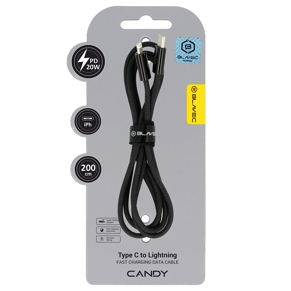 Levně Datový kabel Blavec Candy Braided USB-C - Lightning PD 20W 2,4A 2m (CCA-CL24B20) černý