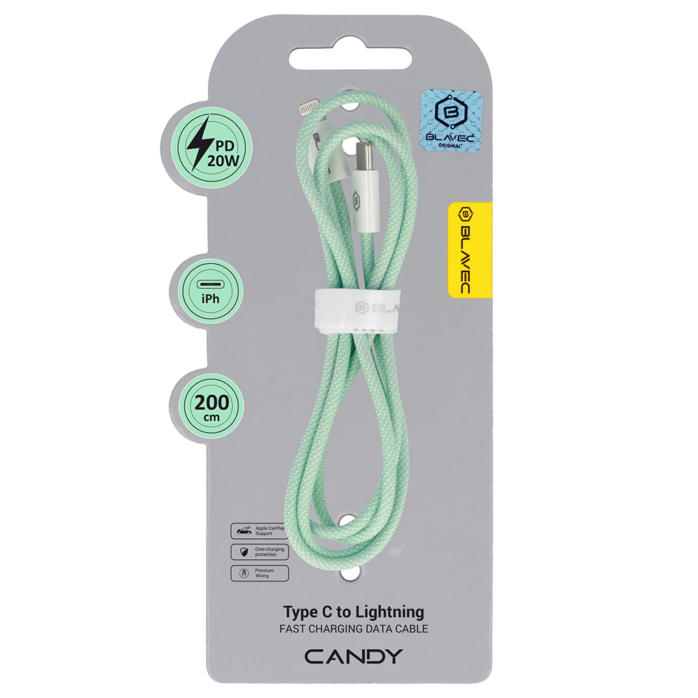 Levně Datový kabel Blavec Candy Braided USB-C - Lightning PD 20W 2,4A 2m (CCA-CL24GN20) zelený