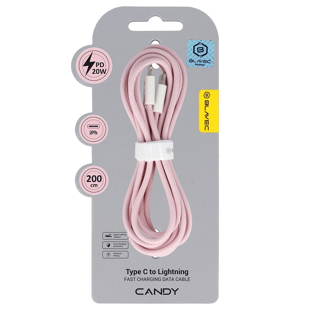 Levně Datový kabel Blavec Candy Braided USB-C - Lightning PD 20W 2,4A 2m (CCA-CL24P20) růžový