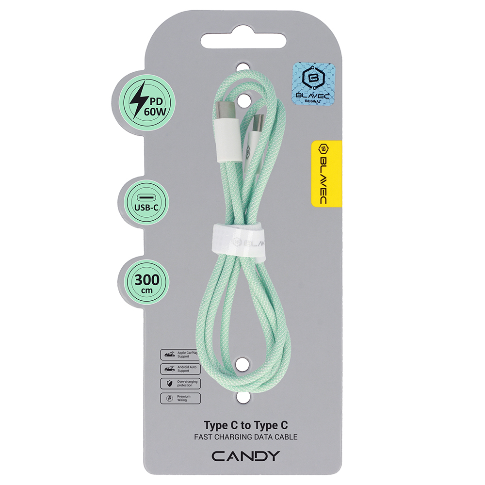 Levně Datový kabel Blavec Candy Braided USB-C - USB-C PD 60W 3A 3m (CCA-CC3GN30) zelený