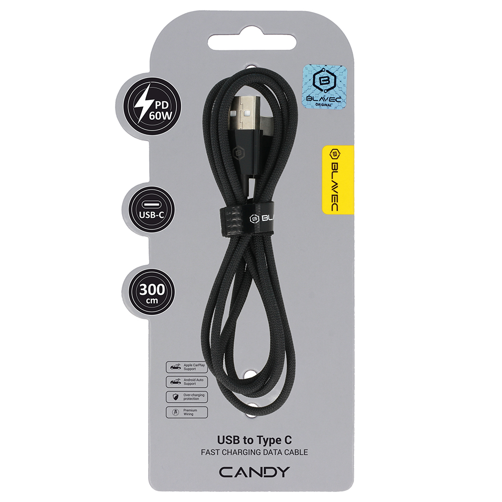 Levně Datový kabel Blavec Candy Braided USB-A - USB-C PD 60W 3A 3m (CCA-UC3B30) černý