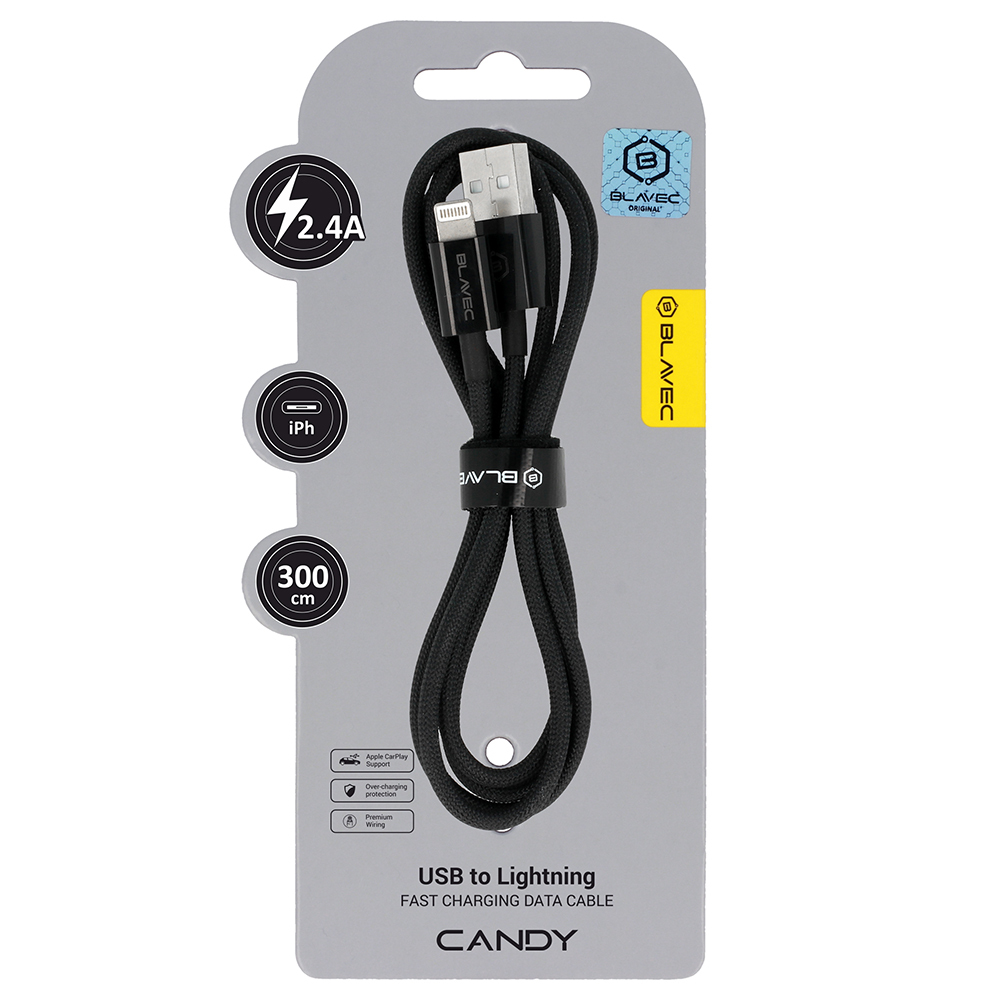 Levně Datový kabel Blavec Candy Braided USB-A - Lightning 2,4A 3m (CCA-UL24B30) černý