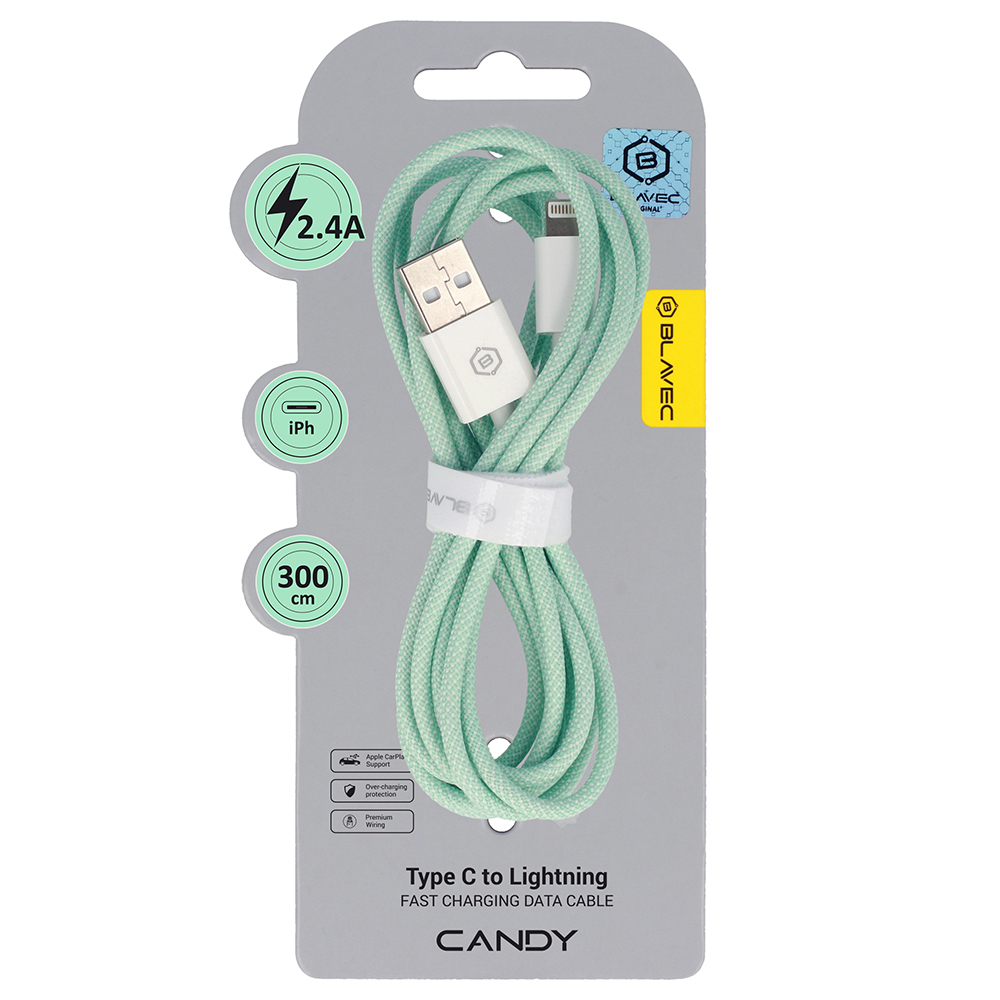 Levně Datový kabel Blavec Candy Braided USB-A - Lightning 2,4A 3m (CCA-UL24GN30) zelený