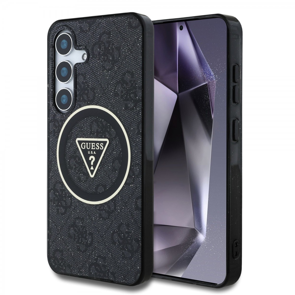 Levně Zadní kryt Guess IML 4G Glitter and Triangle Logo MagSafe pro Samsung Galaxy S25+ Black
