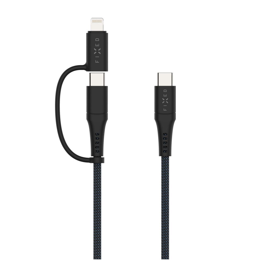 Levně Dlouhý nabíjecí a datový opletený kabel FIXED s konektory USB-C-USB-C a Lightning adaptérem, PD, 2m, MFi, PD 60W, šedý