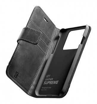 Prémiové kožené pouzdro typu kniha Cellularline Supreme pro Apple iPhone 13 Pro Max, černé